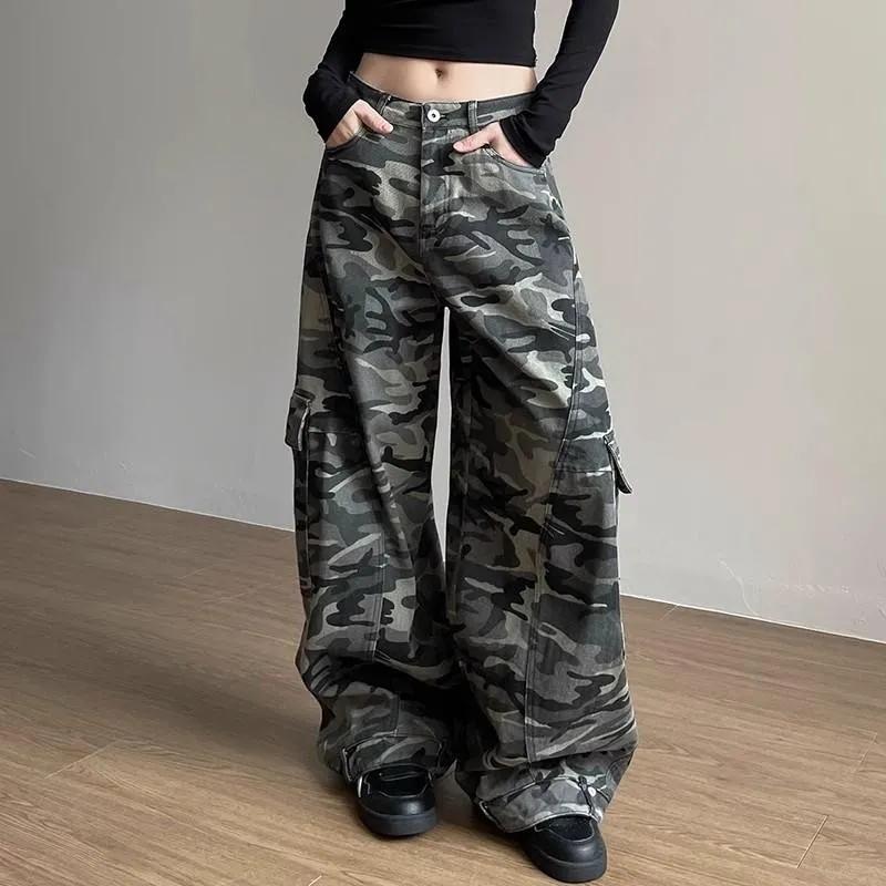 Women's Large Pocket Curved Wide Leg Camouflage Cool Girl Street Straight Bottoms Female Summer Unisex Loose Trousers