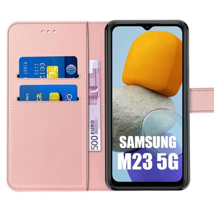 Coque pour Samsung Galaxy M23 5G + 2 Verres Trempés - Coque à Rabat Cuir PU Anti-Rayure - Rose