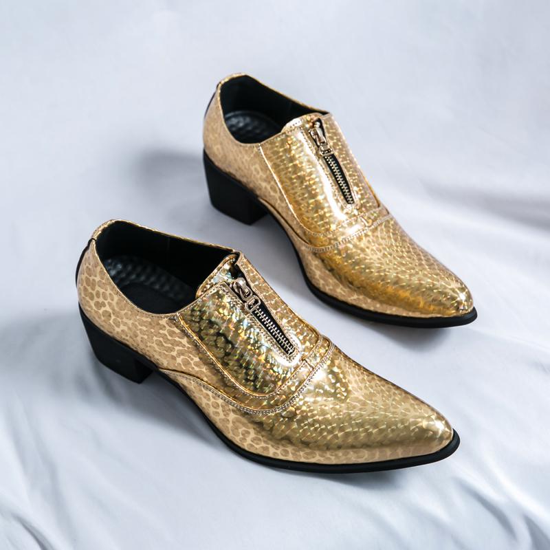 Leather Shoes For Men High-heeled Society Spike Leather Shoes Man British Style Business Platform Formal Zipper Leather Shoes