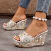 High-heeled Slippers Women's Summer New One-word Fish Mouth Slippers Wedge Heel Muffin Cold Slippers