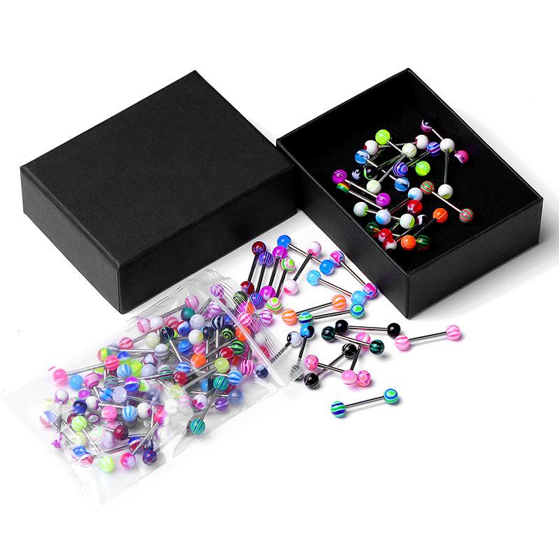 30PCS Colorful Stainless Steel Ball Barbell Tongue Rings Bars Piercing