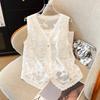 2025 Women Short Vest T-Shirt Sleeveless Buttons Knitting Lace Vest V-Neck Summer Style Basic Tops Tees Loose Clothing