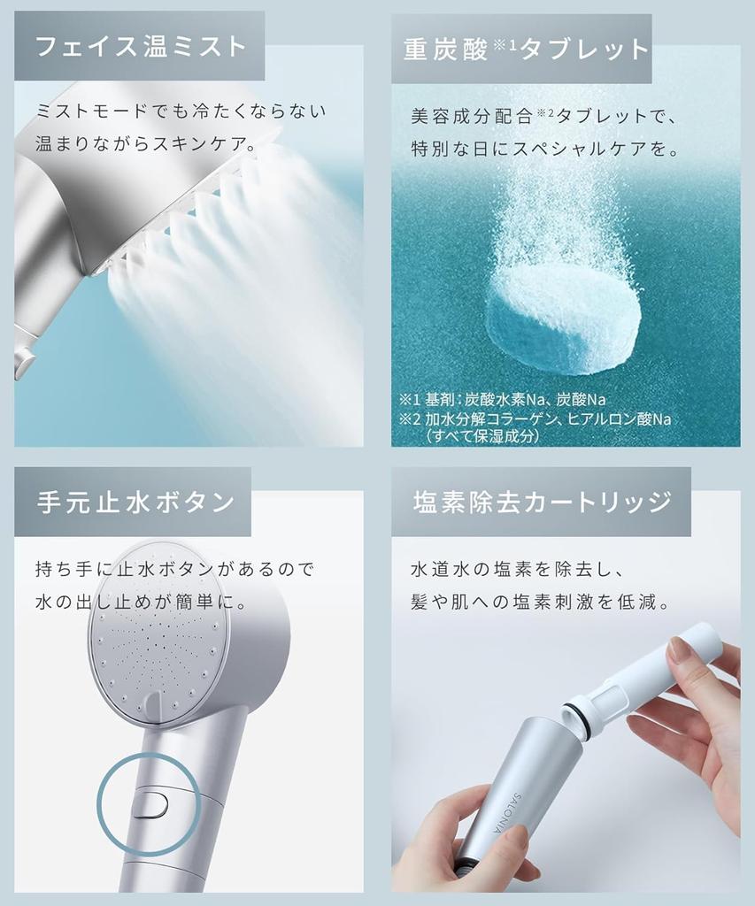 SALONIA Shower Head Fine Bubble Clear Micro Nano Bubble Water Saving High Water Pressure Chlorine Removal Cartridge Bicarbonate Tablet Included White