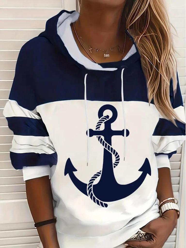 Comfortable Anchor Print Casual Hooded Sweatshirt for Women, 2024 Collection, Long Sleeve