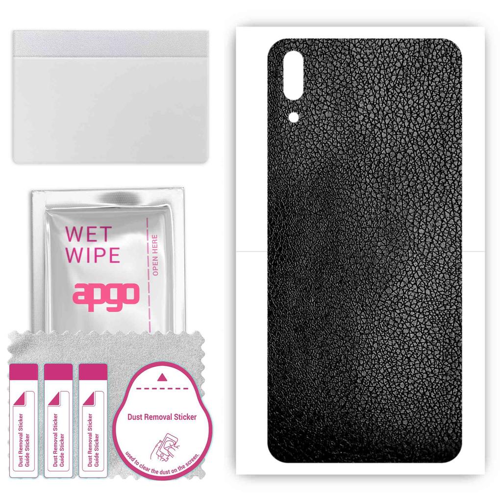 apgo Protective Skin Sticker for the Back Compatible with Huawei Enjoy 9e, Wrap Film, Foil, Vinyl - Pattern Black Leather
