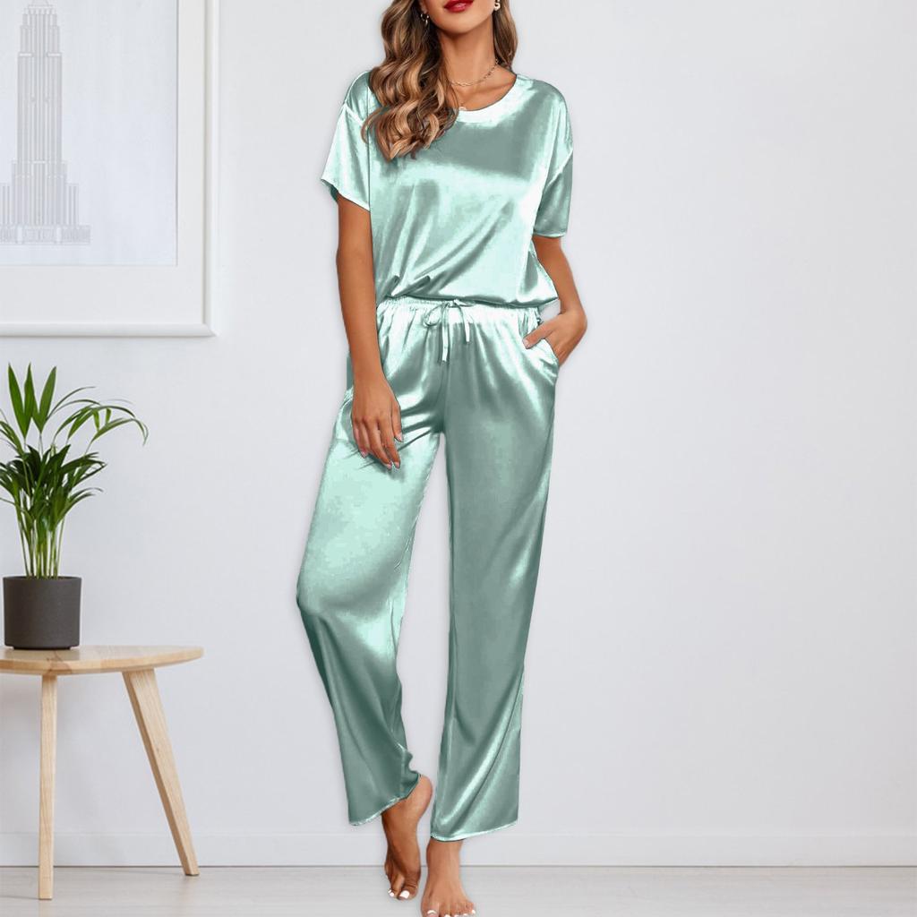 Женский шелковый однотонный пижамный комплект, рубашка с коротким рукавом и длинные пижамные штаны, мягкая пижама, домашняя одежда