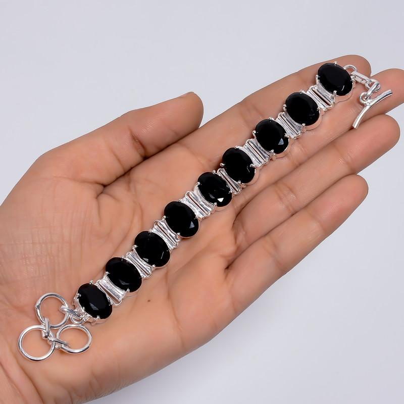 Gorgeous Top Grade Qualite 100% Natural Black Onyx Oval Shape Ethnic Style Handmade Jewelry 925 Steling Silver Plated Bracelet 6-8" WSJ-5178