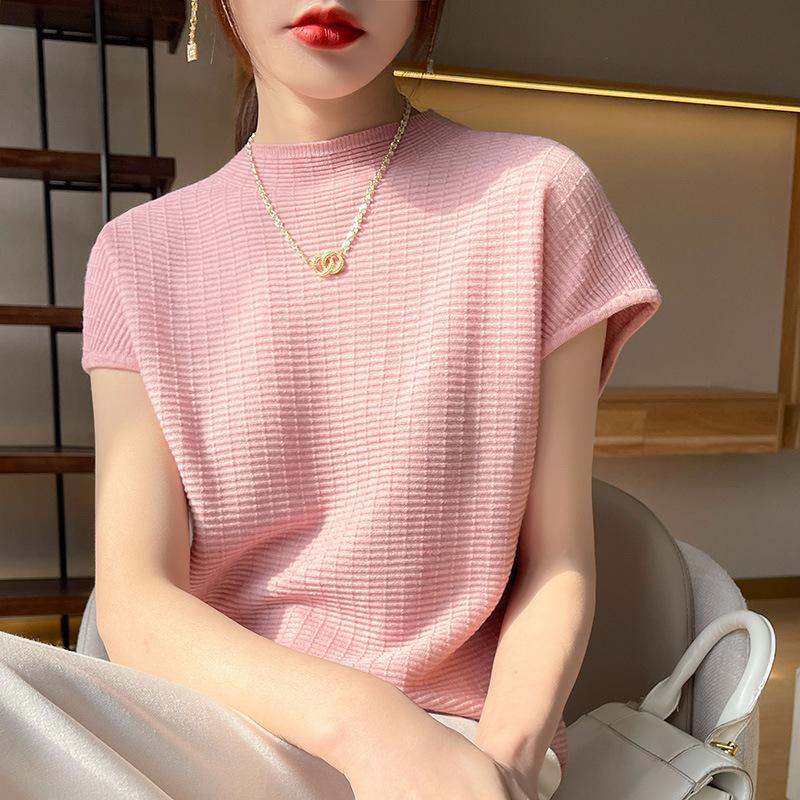 IHUASU Women's Short-sleeved T-shirt Spring and Summer Loose Thin O-neck Knitted Bottoming Shirt Tops