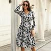 Fashion Women's Elegant Printed Long Sleeve Waist Dress Autumn and Winter