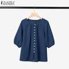 Women Casual Round Neck Solid Color Summer 3/4 Sleeve Blouse