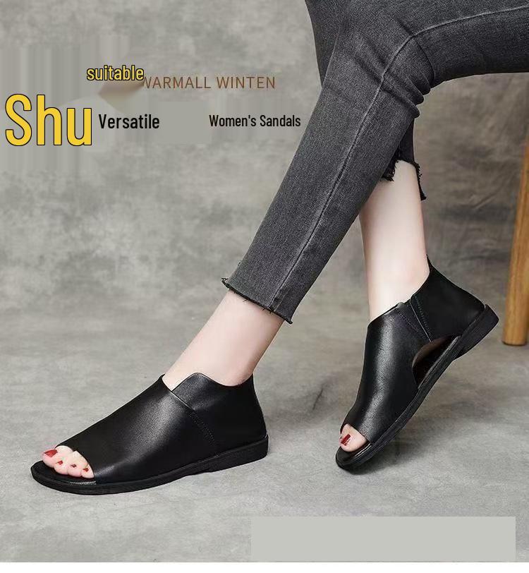 Summer 2025 Women's Peep-Toe British Slip-On Sandals - Soft Leather, Flat Sole, Heel-Covering Roman Style