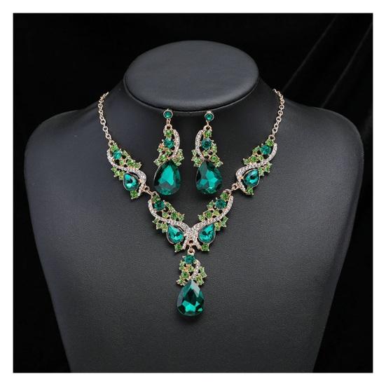 Women Necklace Earrings Set Luxury Symmetric Retro Rhinestone Hollow Out Anti-allergy Hanging