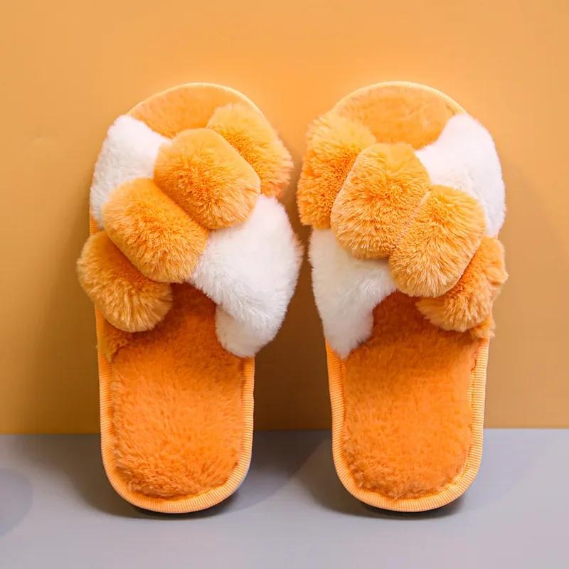 2024 Women Winter House Furry Slippers Fluffy Faux Fur Cross Design Home Slides Ladies Soft Warm Plush Slipper Female Flip Flops