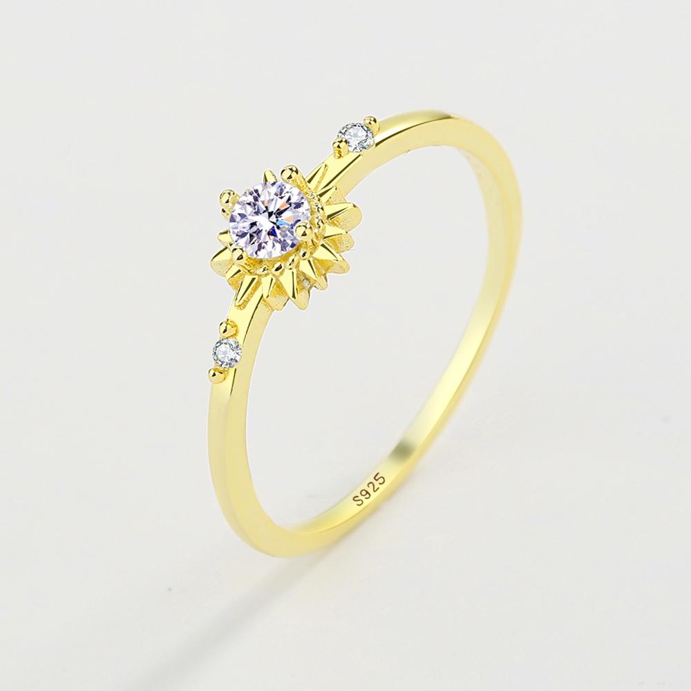 Simple Round Flower Ring For Women Small Diamond Zircon Crystal Real S925 Silver 14K Gold Valentine's Day Gift Jewelry
