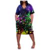 Women's Summer Plus Size V-Neck Short Sleeve Knee Pocket Printed Casual Dress