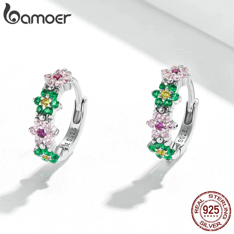 Женские серьги BAMOER из стерлингового серебра 925 пробы с нежным блестящим розовым цирконом и цветами, модные ювелирные изделия