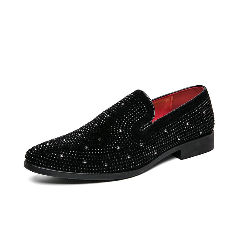Fashion Brand Noble Black Rhinestone Men Dress Shoes Velvet Crystal Luxury Moccasins Men's Loafers Office Business Man Footwear Zapatos