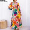 Women's Fashion Spring Fall Flower Pattern Print Long Sleeve O-Neck High Waist Casual Dresses