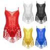 Girls Dance Leotard Sleeveless V Neck Sequin Mesh Patchwork Design Tassel Hem Performance Bodysuit