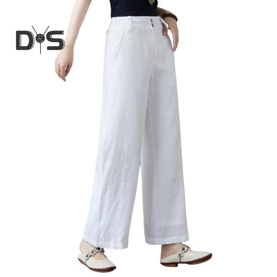 Women Casual Pants Elastic High Waist Buttons Zipper Fly Long Trousers with Pockets Solid Color Straight Wide Leg Slacks Daily Wear