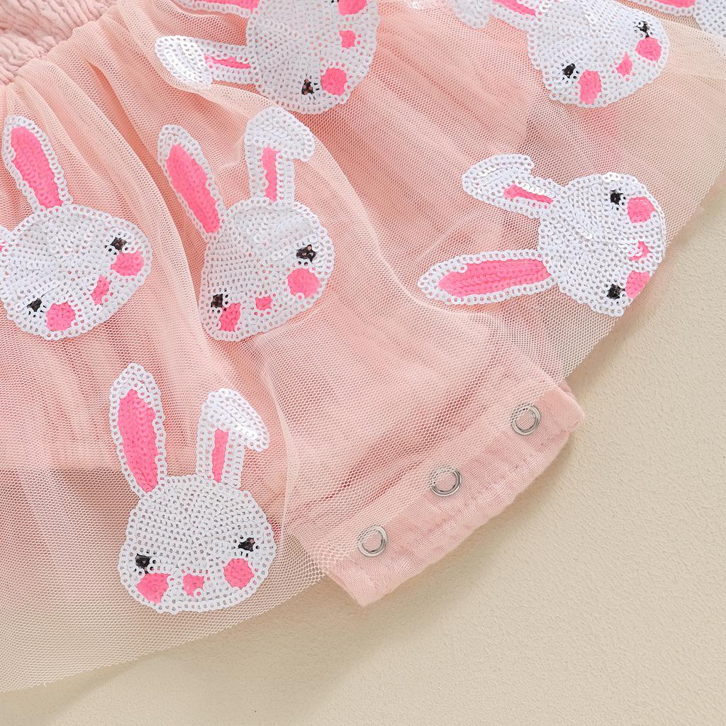 Baby Girls Rompers Dress Easter Clothes Rabbit Print Mesh Tulle Layered Skirt Hem Toddler Bodysuits Jumpsuits with Headband