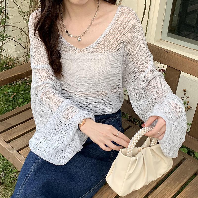 Long Sleeves Hollow Out Sweater Irregular Thin Design Women's Sun Protection Knitted Top V Neck Long Sleeves Loose and Lazy
