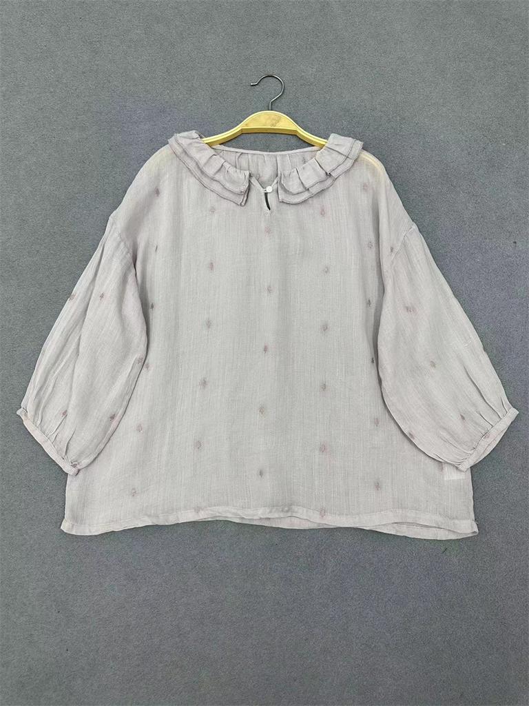 Johnature Summer Embroidered Ruffle Collar Shirts Women Casual Loose Versatile Thin Vintage Tops