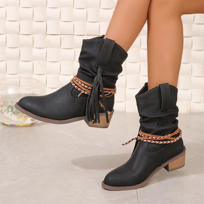 AJGS Women's Fashion New Pleated Tassel Mid-calf Boots Women's Pointed Toe Thick Heel New Short Boots Slip-on Fashion Boots