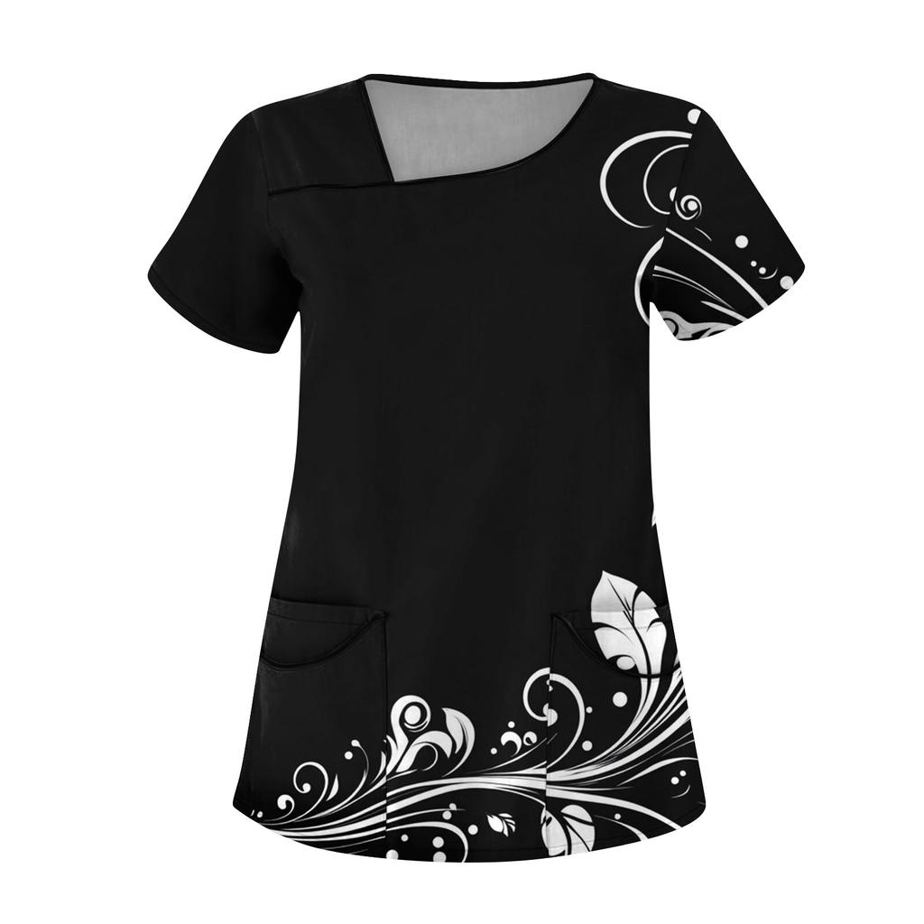 Women's Casual  Print Short Sleeve Sloping Collar Workwear Top With Double Pockets
