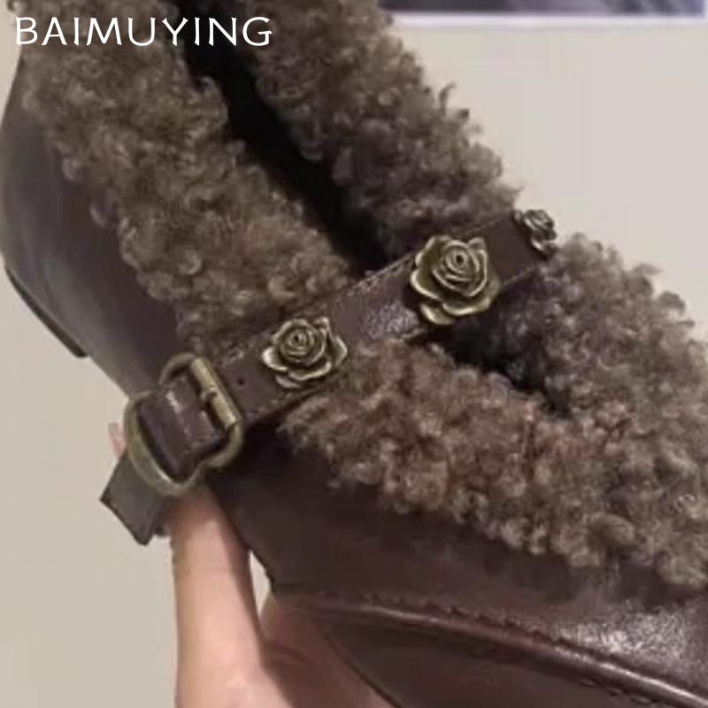 Fur Pointed Toe Women Shoes Flats Shallow Leather Shoes Woman 2025 Trend Winter Fashion Designer Walking Casual Zapatos Mujer