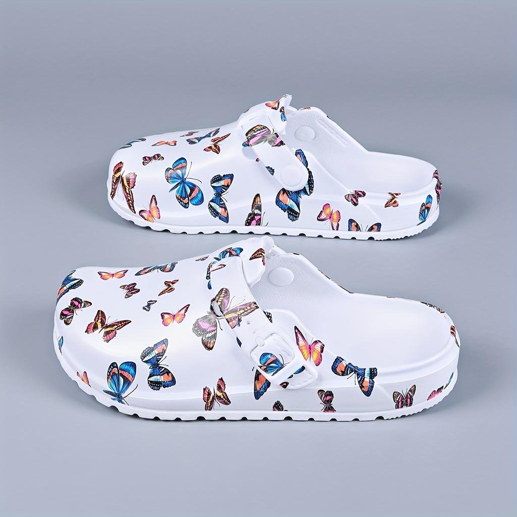 Women's Lightweight EVA Clogs - Slip- Soft Sole Flat Shoes with Butterfly Print & Arch, Adjustable Buckle & Cushioned Insole - White with Multicolor