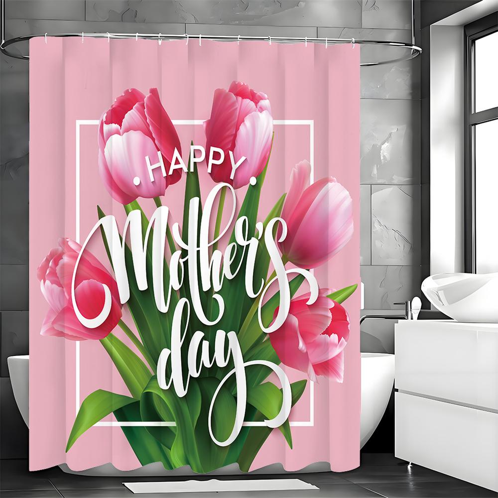 Happy Mother's Day Tulip Shower Curtain, Bathroom Decorative Shower Curtain, Waterproof Shower Curtain with Hooks