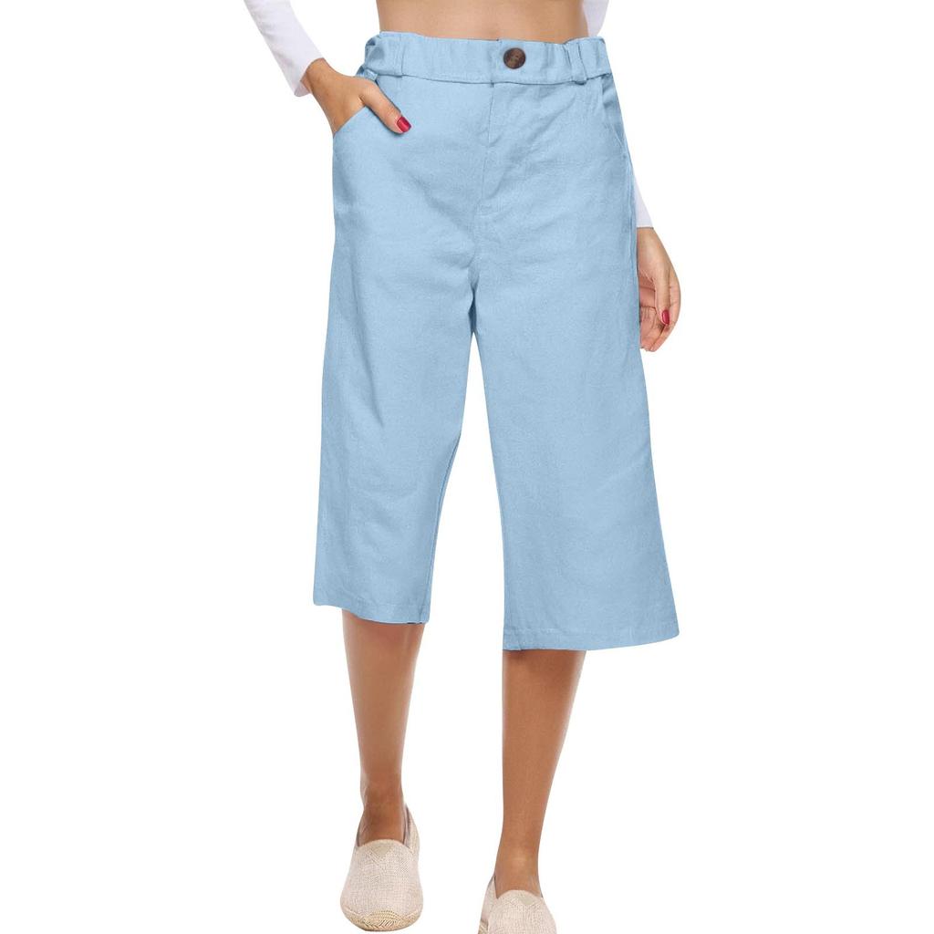 Women's Solid Color Cotton And Linen Fashionable Loose High Waist Cropped Casual Pants