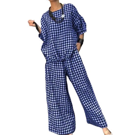 2 Pcs/Set Women Spring Top Pants Set Plaid Print Three-quarter Sleeves Round Neck Split Back T-shirt