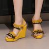 Women Wedges Sandals Large Size 34~43 Summer Flock Sandals Tassel Decorate Ankle Strap High Heels Dress Platform Shoes WSH5055