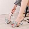 Comemore New Transparent High Heels Slippers For Women Silver Crystal Bowknot Female Mules Slides Summer Sandals Shoes