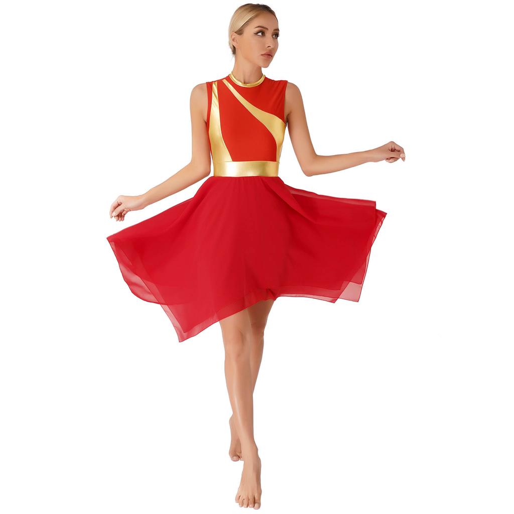 Womens Modern Lyrical Dance Costume Color Block Patchwork Sleeveless Irregular Hem Dress Dancewear