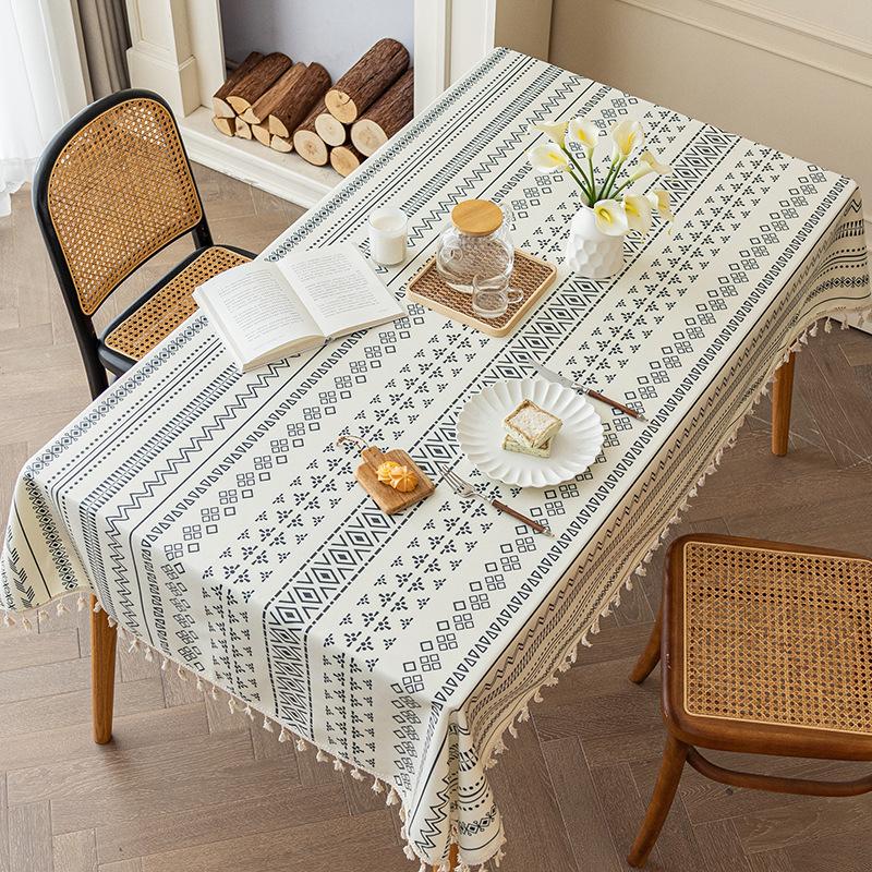 Cotton Linen Rectangle Tablecloth Boho Tassel Farmhouse Tablecloth Wrinkle Free Indoor Outdoor Table Cover for Party, Picnic, Kitchen Dining Room