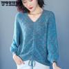 V-neck Pullover Sweater Drawstring Design Thin Knit Sweater Short Top Mixed Color Loose Outer Wear Spring and Autumn