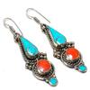 Natural Tibetan Turquoise, Coral Gemstone Handmade Jewelry Earring 2.36" O5y72