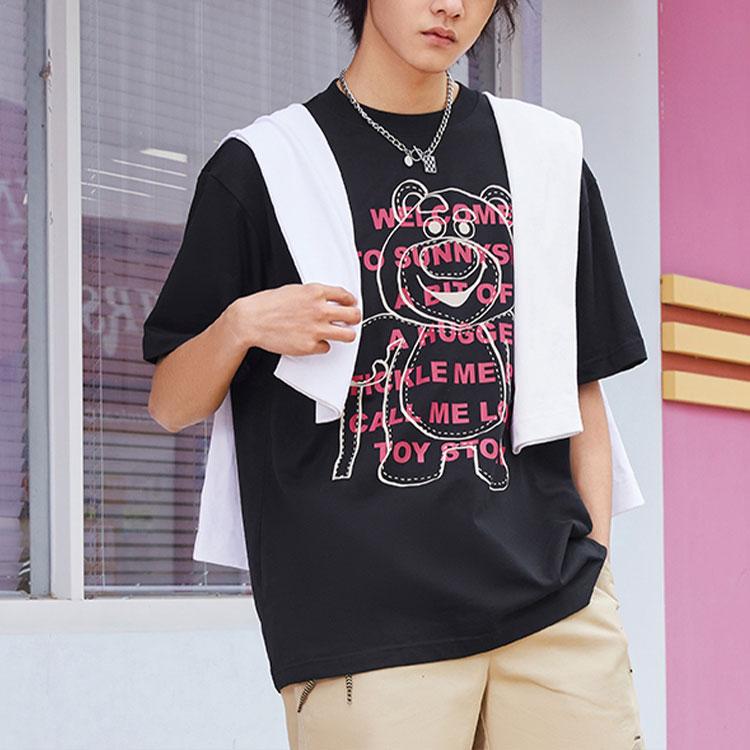 Li-Ning Strawberry Bear Letter Print Round Neck Short Sleeve T-Shirt Unisex Tops Black AHSS955-5