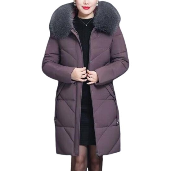 Winter Women Cotton Jacket with Furry Hood Neck Protection Plus Size Pockets Mid Length Zipper Closure Padded Coat Solid Color Windproof Outwear Parka