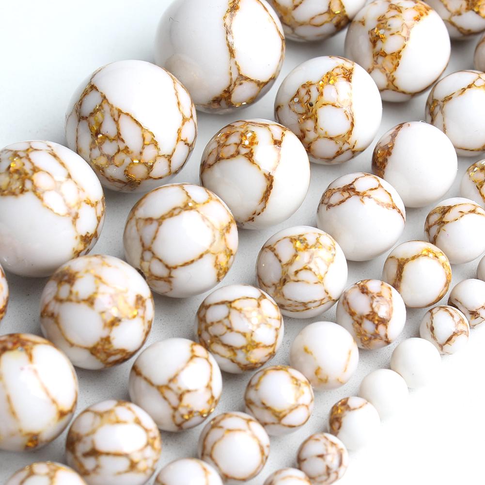 White Howlite Gold Silk Loose Beads Jewelry Making Bracelet 15'' 4-12mm