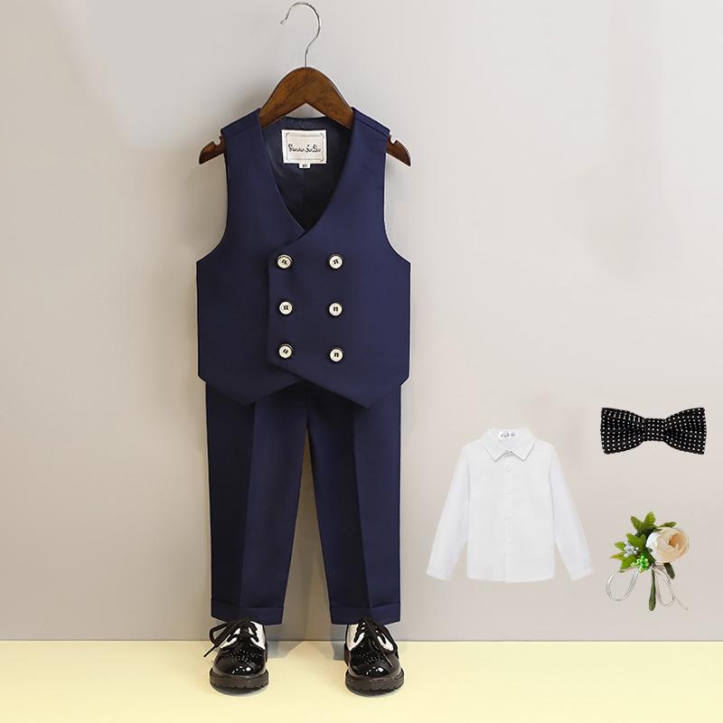 Children Vest Set 2 To 12 Y Flower Boys Wedding Suit Formal School Kids Piano Performance Costume Teens Birthday Evening Tuxedo