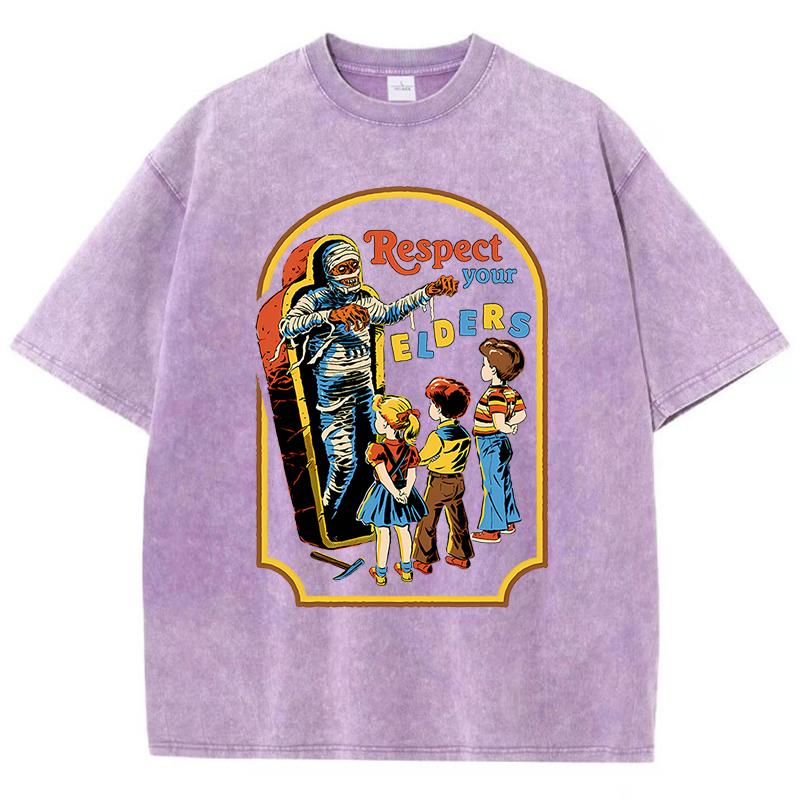 Respect Your Elders Mummy Funny Washed Retro Men T Shirt Cotton Casual Tshirts Harajuku Oversize Tshirt Loose Breathable Tee