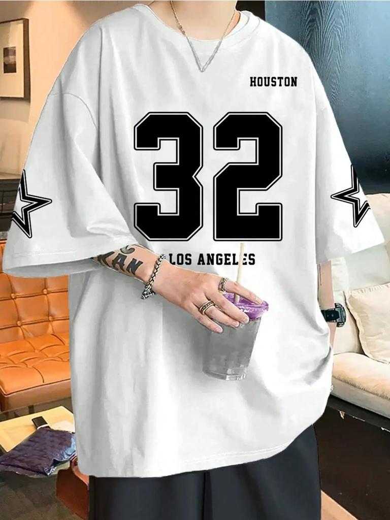 Los Angels Under The Classic Letter 32 Print T Shirt Man O-Neck Loose Short Sleeved Breathable Soft Tops Street Harajuku Tshirt