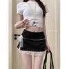 Y2K Black Split Mini Skirt Women Kawaii Bow Lace Patchwork Hip Wrap Skirts Summer Korean Fashion White A Line Faldas
