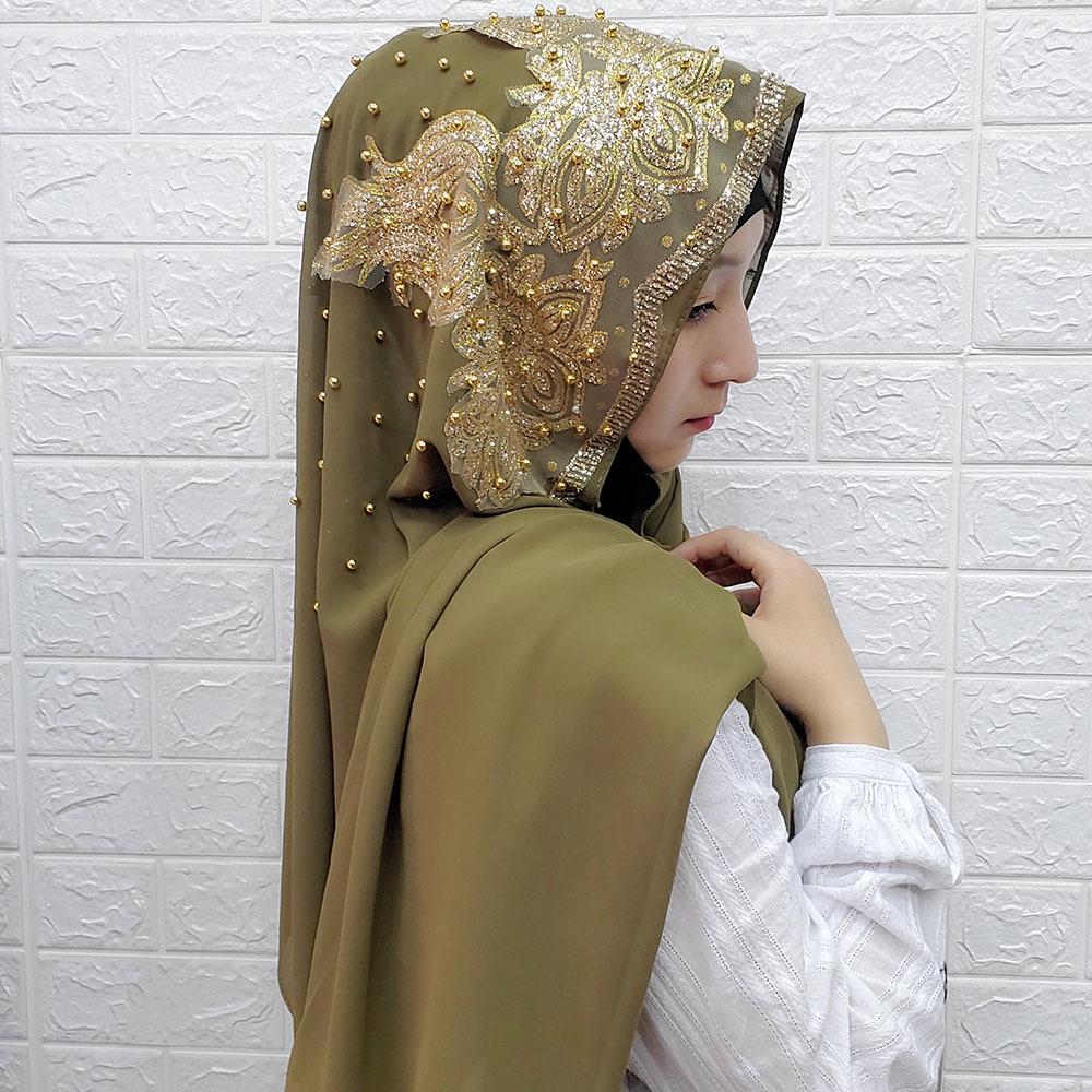 Rhinestone Beaded Chiffon Headscarf: Breathable Sun Protection Muslim Wrap In Ethnic Style