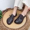 Women Flats Shoes Round Toe Lace-up Genuine Leather Casual Handmade Comfortable Solid Color Shoes