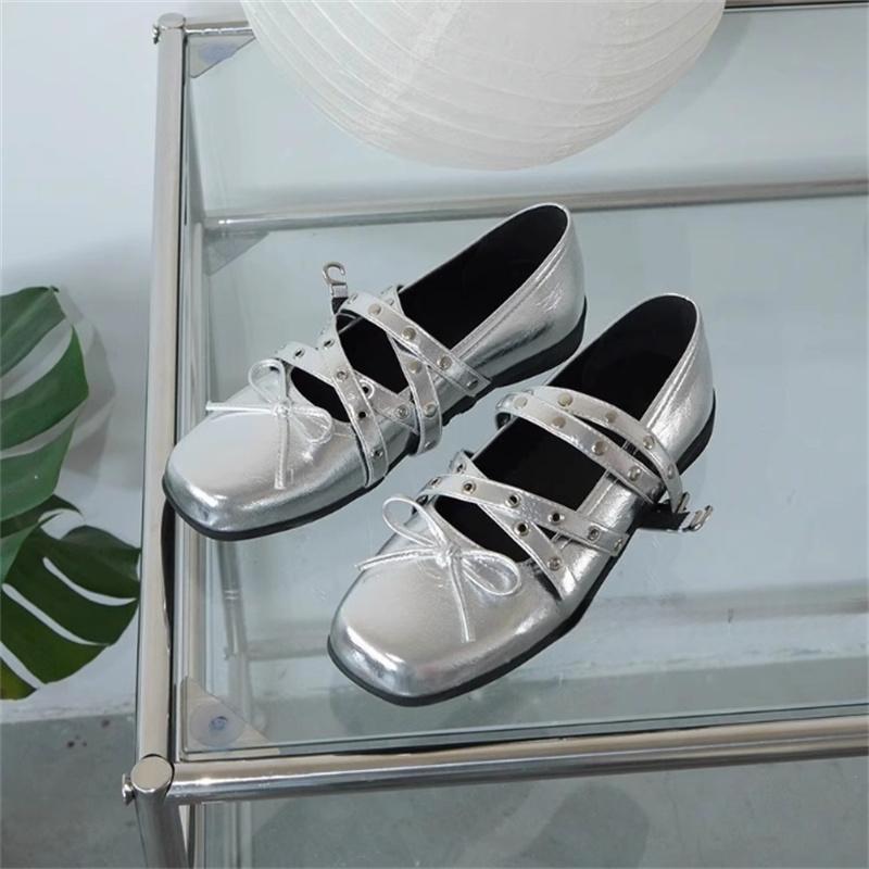 Mary Jane Shoes Female Genuine Leather Retro Ballet Flat Shoes Women Square Toe Flat Luxury Rivet Cross Straps Ladies Shoes